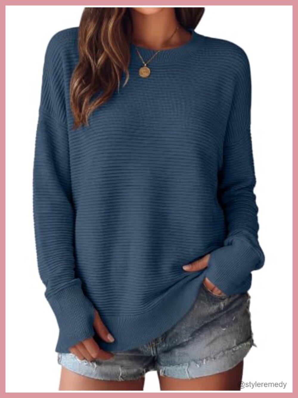 Women Long Sleeve Ribbed Knit Pullover Sweater with Thumb Holes